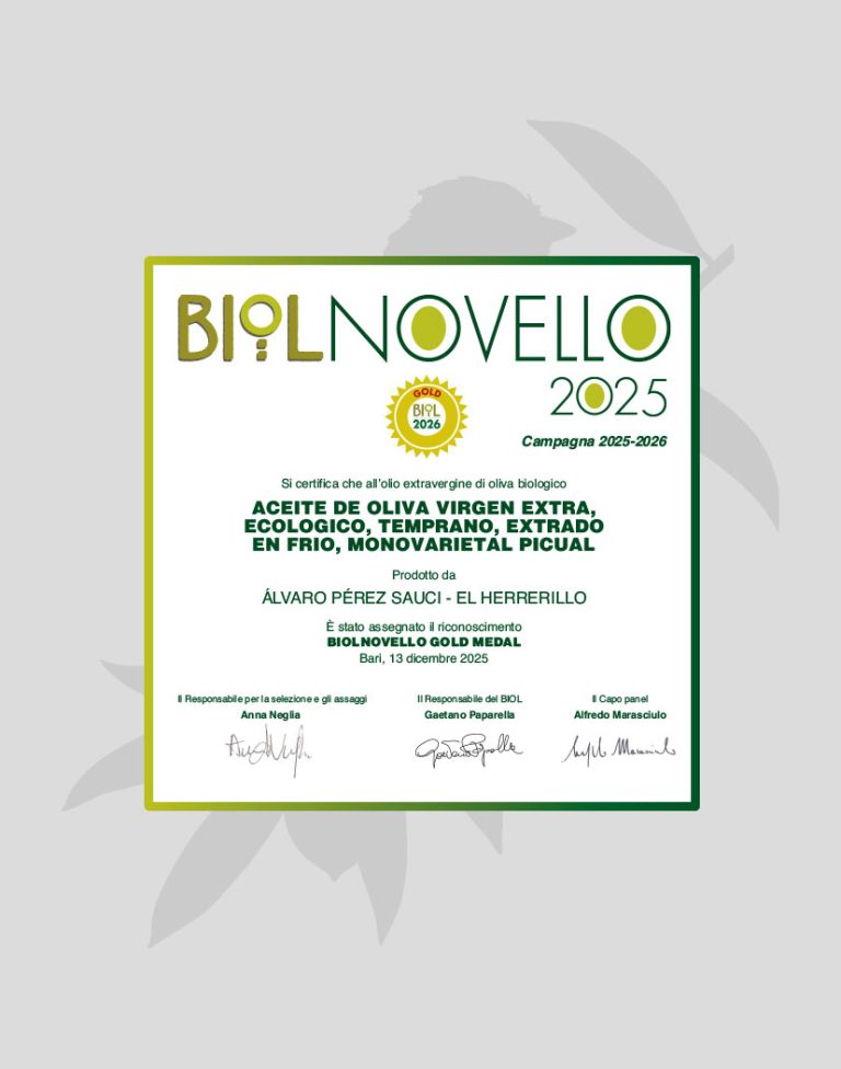 Certificado BIOL Novello 2025 Gold Medal - AOVE Picual El Herrerillo